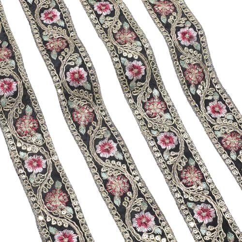 CABODYALS 10 Yards Vintage Ethnic Black Jacquard Ribbon Floral Embroidered Woven Trim Bridal Gold Wired Sequin Embroidery Webbing Pattern Ribbons for Sewing Making Clothes Dress Decorations Crafts
