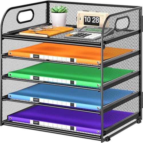 Cawukege 5 Tier Paper Organizer with Handle, Black Metal Mesh Desk Organizer File Folder Paper Letter Tray Desktop Document Sorter for Classroom, School, Office Accessories Organization and Storage
