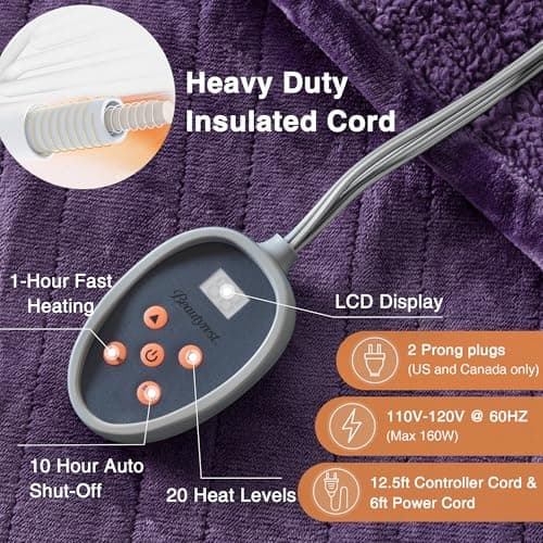 Beautyrest Electric Blanket, Soft, Warm, Reversible Plush - Sherpa Heating Blanket with 20 Heat Settings, 1-10 hrs Timer Auto Shut Off, Machine Washable, Full (84 inx80 in), Purple 5