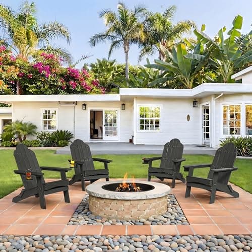 LUE BONA Folding Adirondack Chair Set of 4, Black HDPS Fire Pit Patio Chairs Weather Resistant, Modern Plastic Outdoor Chairs with Cup Holder