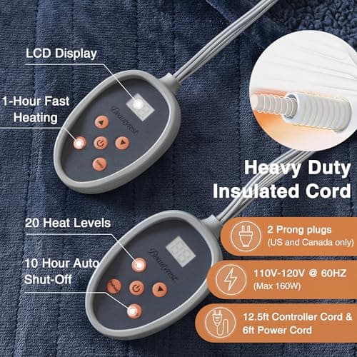 Beautyrest Heated Blanket, Electric Blanket, Soft, Warm, Reversible Plush - Sherpa Heating Blanket with 20 Heat Settings, 1-10 hrs Timer Auto Shut Off, Machine Washable, King (90 inx100 in), Indigo 5