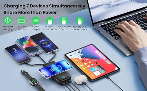 Wireless Portable Charger 40800mAh with 3 Built-in Cables,7-in-1 15W Wireless Charging Power Bank,25W PD QC 4.0 Fast Charging USB C Travel Essentials Battery Pack for iPhone 17/16/15/14,Galaxy,Android 8