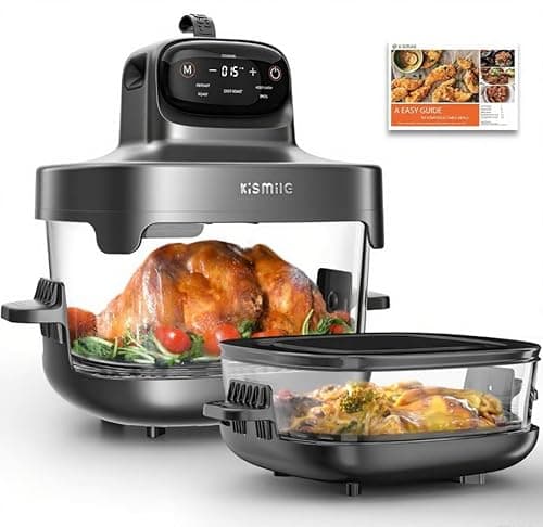 Kismile Roasti 5-in-1 Portable Glass Air Fryer, 2.6QT & 4.7QT Dual Glass Containers with Lids, Compact & Portable Design for Crispy, Roasted, and Warmed Meals – Dishwasher & Freezer Safe (Dark Grey)