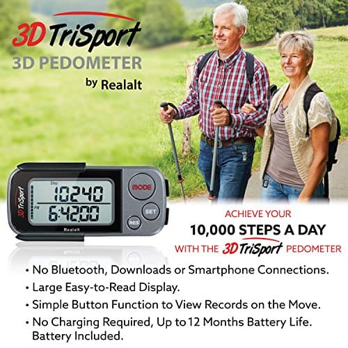 Realalt 3DTriSport 3D Walking Pedometer with Clip & Strap, Accurate Step Counter with 30-Day Memory, Distance in Miles/KM Large Display Perfect for Seniors & Beginners eBook Included - Grey/Black 6