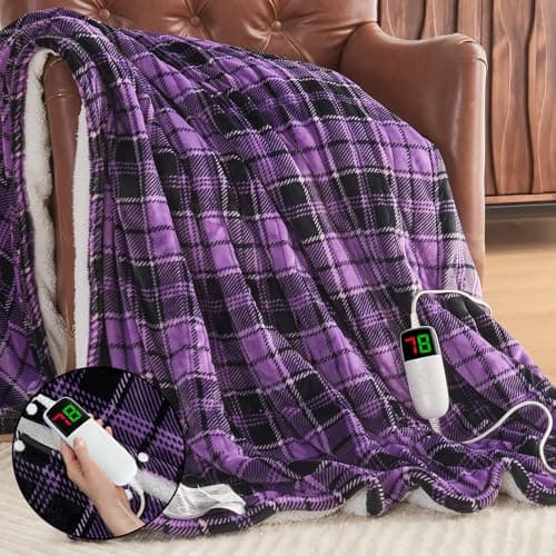 OCTROT Heated Blanket Electric, Twin Size 62X84, Heating Blanket with 10 Heating Levels & 8 Hours Auto Off, Purple Checkered Plaid Sherpa Blankets Warmer for Adults, Fast Heating and Washable
