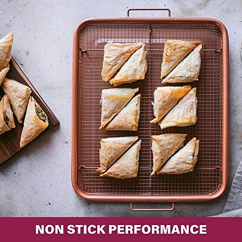 Gotham Steel Air Fryer Tray, 2 Piece Nonstick Copper Crisper Air Fry Basket For Convection Oven, Also Great For Baking & Crispy Foods, Dishwasher Safe – Large, 12.5” x 9” 9