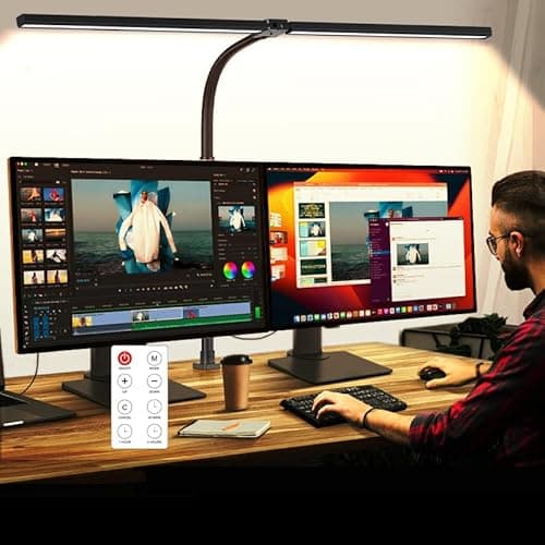 MACASA LED Desk Lamp for Office Dorm Home - Eye Caring Desk Light with Timer, Remote Control 24W Brightest Dual Screen Computer Monitor Gooseneck Dimmable Table lamp with Anti-Glare Cover Clamp