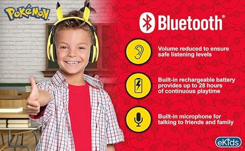 eKids Pokemon Kids Bluetooth Headphones, Wireless Headphones with Microphone Includes Aux Cord, Volume Reduced Kids Foldable Headphones for School, Home, or Travel,Yellow 3