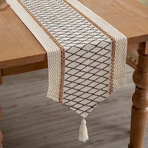 Mayler Yee Table Runner, Boho Style with Tassels, Cotton & Linen, Farmhouse Home Decor for Living Room Dresser Scarfs (12x72Inch, Black & Beige)