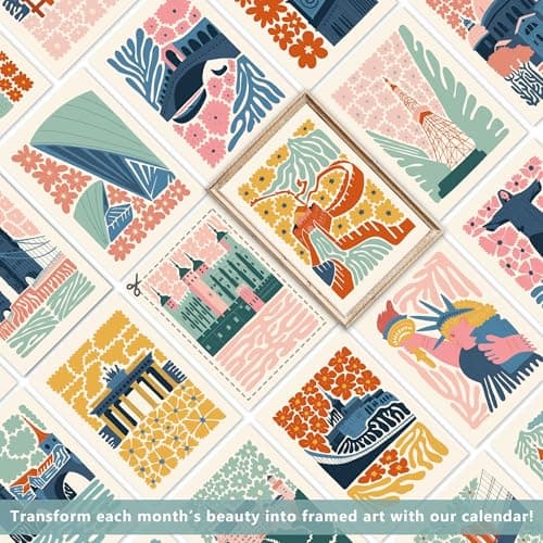 2026 Wall Calendar Art Floral, Aesthetic 18 Months Wall Calendar from January 2026 - June 2027, Unique World Travel Modern Hanging Monthly Calendar for Home Office Decor, 8.2" x 23" Open 6