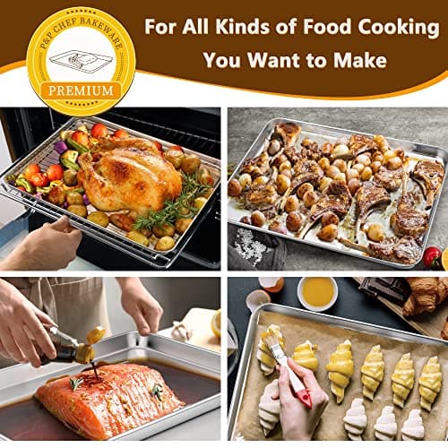 P&P CHEF 16 Inch Stainless Steel Baking Sheet with Rack Set (2 Pans+ 2 Racks), Cookie Sheets Baking Trays and Cooling Wire Racks, Oven & Dishwasher Safe, Pans with Flat Racks 4