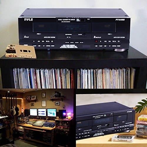 Pyle Home Dual Cassette Deck | Music Recording Device with RCA Cables | Removable Rack Mounting Hardware | CrO2 Tape Selector | Built-in 3 Digit Tape Counter - 110V/220V 5