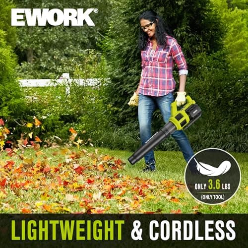 EWORK Leaf Blower Cordless with Battery and Charger, 21V-550CFM High Power, Lightweight Handheld Electric Blower, Powerful Blower for Lawn Care, Patio, Leaves & Dust, Green 6