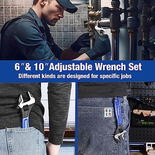 WORKPRO 2-Piece Adjustable Wrench Set, 6-Inch & 10-Inch Wide Jaw Black Oxide Wrench, Cr-V Steel, Metric & SAE Scales, Max Jaw Opening 15/16" & 1-5/16", for Home Repairs, Plumbing, Garage Work 7