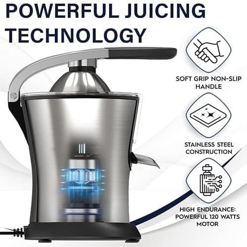 Eurolux Premium Electric Orange Juicer | Stainless Steel Citrus Squeezer With New Ultra-Powerful Motor and Soft Grip Handle for Effortless Juicing, Auto Shutoff, Dishwasher-safe Parts, Pulp Control 5