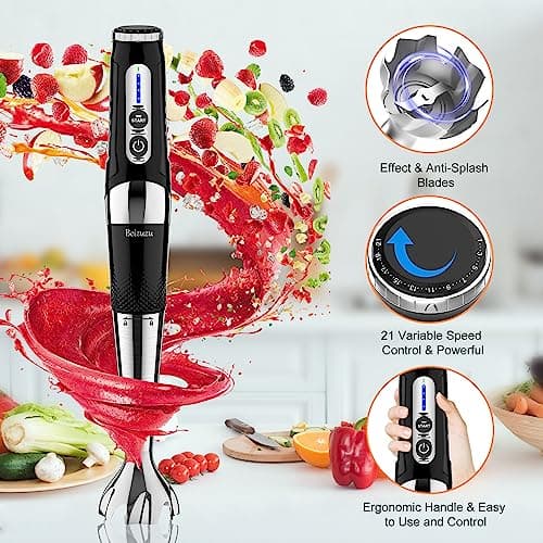 Cordless Immersion Blender: 5-in-1 USB Rechargeable Hand Blender, 21 Variable Speeds & 3-Angle Adjustable with 700ml Chopper, 700ml Beaker, Egg Whisk and Beater for Smoothies, Soup, Baby Food (Black) 5
