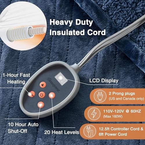 Beautyrest Heated Blanket, Electric Blanket, Soft, Warm, Reversible Plush - Sherpa Heating Blanket with 20 Heat Settings, 1-10 hrs Timer Auto Shut Off, Machine Washable, Full (84 inx80 in), Indigo 5