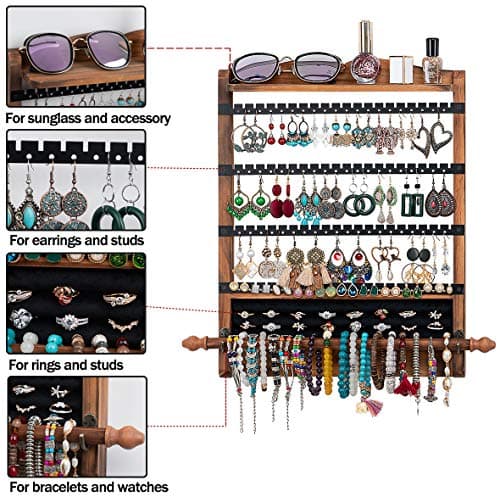 QILICHZ 3Pcs Jewelry Organizers and Storage,Wood Earring Organizer,Hanging Jewelry Organizer,Rustic Wall Jewellery Organizer,Wall Mounted Earring Holder for Storage Display Gift (Brown+Black) 7