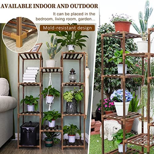 Uneedem Plant Stand Indoor Outdoor, Tall Plant Shelf for Multiple Plants, 10 tiers 11 Pot Large Plants Holder Rack Wood Plant Shelves for Room Corner Balcony Garden Patio 5