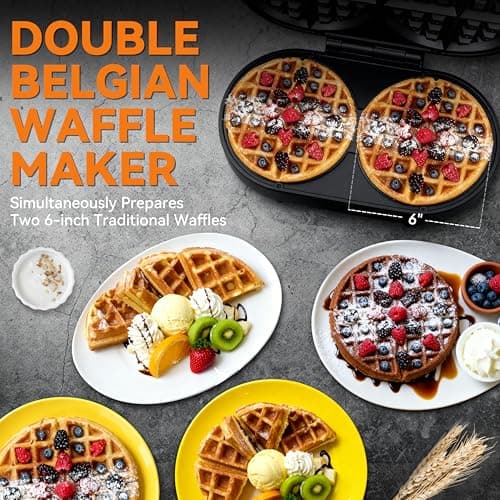 Baker’s Friend Double Belgian Waffle Maker Thick, 2 X 6” Round Waffle Maker, Belgium Waffle Iron, Waflera Electrica with Non-stick Plates, 1200W, Perfect for Kids & Family Breakfast, Graphite 2