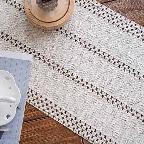 Alynsehom Macrame Table Runner Cream Beige Boho Table Runners with Tassels Hand Woven Cotton Table Runner Rustic Farmhouse Table Runners for Bohemian Kitchen Dining Table(12x71in) 7