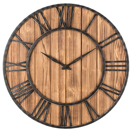 Oldtown Rustic Farmhouse Metal & Solid Wood Noiseless Wall Clock (Wood, 30-inch)