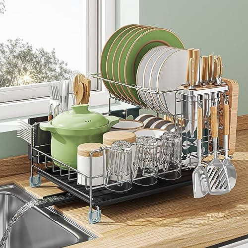 slhsy Dish Drying Rack - Large Capacity Stainless Steel Dish Rack for Kitchen Counter, 2-Tier Detachable Kitchen Organizers and Storage Rack with Drainboard and Cutlery Holder, Silver