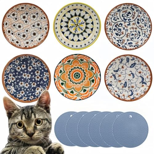 6 PCS Cat Food Bowls Whisker Fatigue Kitten Bowl 5.5 Inches Ceramic Cats Bowl Small Cat Dishes for Indoor Cats Shallow Kitten Plates for Wet Food Cute Pet Bowls Whisker Friendly