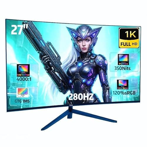 ZZA 27" Curved Gaming Monitor, 280Hz FHD 1080P, 1800R VA Panel, 120% sRGB, AMD FreeSync, 1ms GTG, Esports Ready Display, Flicker-Free, HDMI & DP, VESA Mount - Black