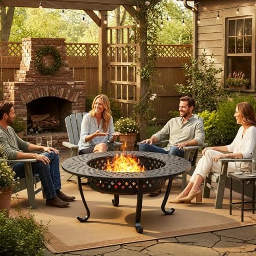 Wisteria Lane 3 in 1 43" Extra Large Fire Pit for Outside Wood Burning with 2 Adjustable Grills, Outdoor Fireplace with Lid and Fire Poker, BBQ & Bonfire & Round Metal Table for Patio, Backyard 8