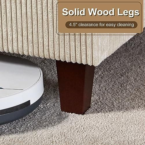 HOWE King Size Upholstered Platform Bed Frame, Wingback Bed with 50.8" Headboard, Corduroy/Solid Wood Leg/No Box Spring Needed/Noise Free/Cream 6