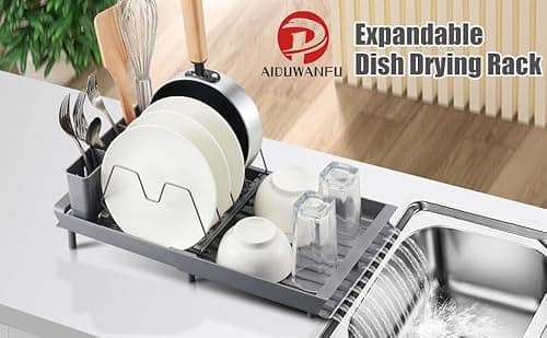 AIDUWANFU Small Expandable Dish Drying Rack, Adjustable Dish Drainer for Kitchen Counter or in Sink, Stainless Steel Drying Dish Rack, Compact Dish Rack with 3 Slots Utensil Holder,Gray 2