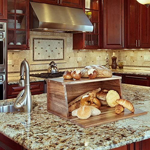 KITEISCAT Acacia Wooden Bread Box, All In One Piece Organizer For Kitchen Countertop, Assembly Free Large Capacity Natural Vintage Bread Food Storage Bin Container15.7 x 10 x 7 Inches 6