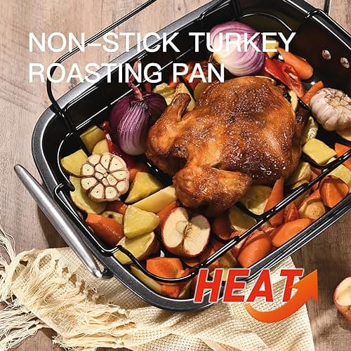 HONGBAKE Nonstick Turkey Roasting Pan with Rack, 19 x 14.5 Inch Large Chicken Roaster Pan for Oven, Suitable for 25lb Turkey, Heavy Duty, Dark Grey 8