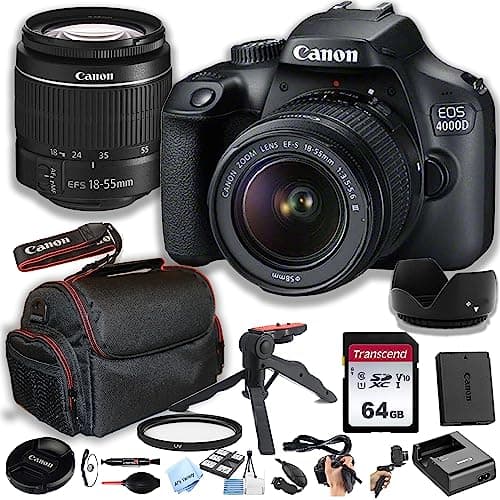 Canon 4000D (EOS Rebel T100) DSLR Camera w/EF-S 18-55mm F/3.5-5.6 Zoom Lens + 64GB Memory Card, Case, Hood, Grip-Pod, Filter, Professional Photo Bundle(23pc) (Renewed)