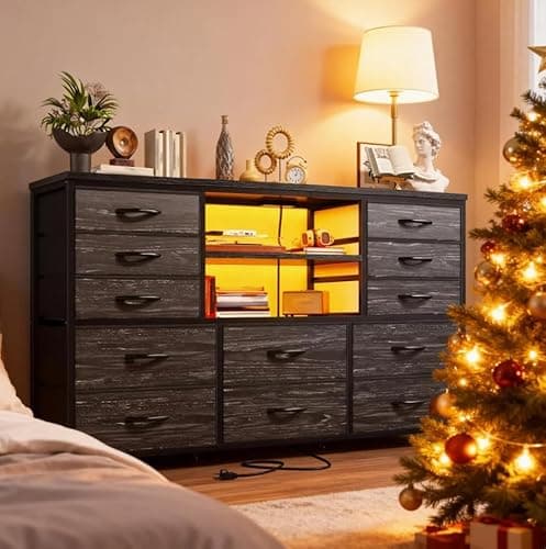 EnHomee 12 Drawers Dresser for Bedroom with LED Lights &Charging Station, TV Stand for 55/60'' TV, Fabric Dressers & Chests of Drawers with 3 Wooden Shelves for Hallway,Sturdy,Grain Black