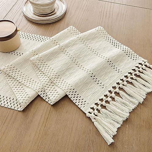ZeeMart Macrame Style Boho Table Runner, Ivory Table Runners 72 Inches Long, Farmhouse Woven Home Decor, 12x72 Inch, Ivory 7