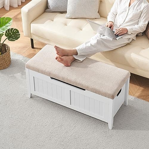 GAOMON Storage Chest, Upholstered Storage Trunk with 2 Safety Hinges, Storage Bench, Flip-Top Toy Chest, Shoe Bench 15.7 x 39.4 x 18.1 Inches Storage Chest for Entryway, Bedroom, Living Room, White 9