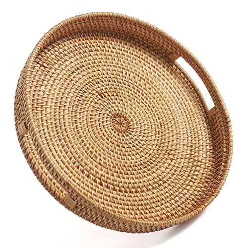 Round Rattan Serving Tray Decorative Woven Ottoman Trays with Handles for Coffee Table Natural (Small 11.8 inch x 2 inch)