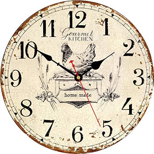 Toudorp Rustic Wall Clock French Country Vintage 14 Inch Battery Operated Silent Non-Ticking Wooden Wall Clocks Retro Arabic Numerals Animal Hen Style (Gourmet Kitchen)