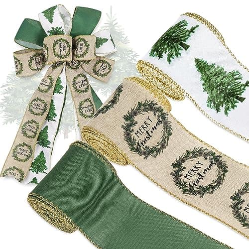 AnyDesign Christmas Wired Edge Ribbon 2.5 Inch White Green Christmas Tree Craft Ribbon Gold Glitter Wired Fabric Ribbon for Wrapping DIY Bow Wreath Crafts Making, 18 Yards, 3 Rolls
