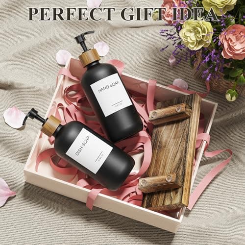 Cisily Black Soap Dispenser Set with Wooden Tray, Dish and Hand Soap Lotion Dispenser Set with Wooden Pump for Kitchen and Bathroom Decor for Counter, Modern Vintage Liquid Soap Dispensers 8
