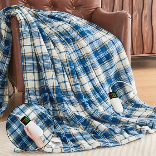 Heated Electric Blanket Twin Size,62X84 Heating Blanket with 10 Heats Levels&8 Hours Auto Off&Timer,Blue Plaid Soft Cozy Sherpa Blankets Warmer Gifts for Grandma Women Adult,Fast Heating Washable