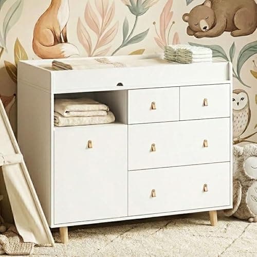DAWNSPACES Baby Changing Table Nursery Dresser with Drawers, 45 Inch Hidden Trash Storage,Changing Station,Storage Dresser Chest for Infant, White