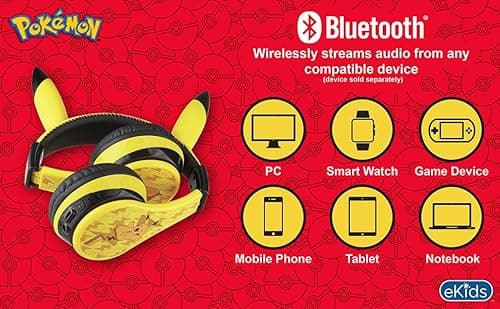 eKids Pokemon Kids Bluetooth Headphones, Wireless Headphones with Microphone Includes Aux Cord, Volume Reduced Kids Foldable Headphones for School, Home, or Travel,Yellow 8
