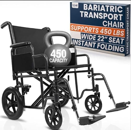 Vive Mobility Bariatric Transport Wheelchair for Adults - Supports 450lbs - Foldable, Heavy Duty Travel Wheel Chair - Portable, Transfer Aid with Swing Away Footrests & 22 Inch Wide Seat