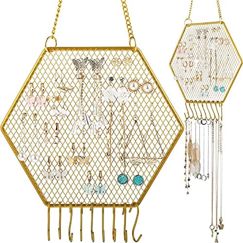 Jetec 2 Pcs Earring Wall Holder Wall Mounted Earring Organizer Hanging Jewelry Stand Decorative Diamond Grid Shape Display Rack with Hooks for Earrings Necklace Bracelet(Gold)