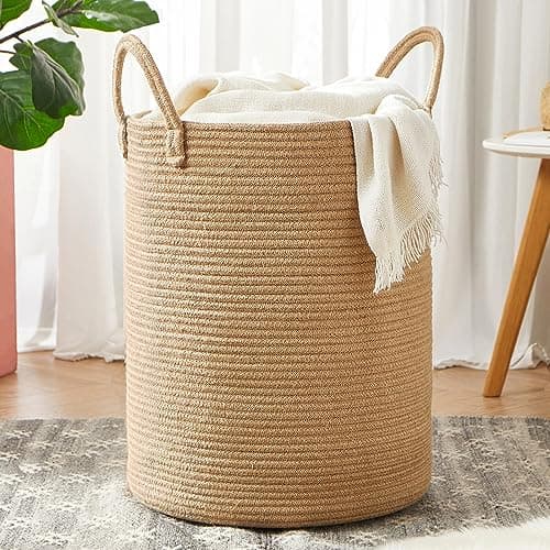 MOJOSCEND 15Dx20H inches Jute Woven Hamper Laundry Basket Wicker Rope Clothes Hamper for Baby Nursery Kids Tall Rattan Blanket Basket in Living Room Bedroom 62L Large Capacity