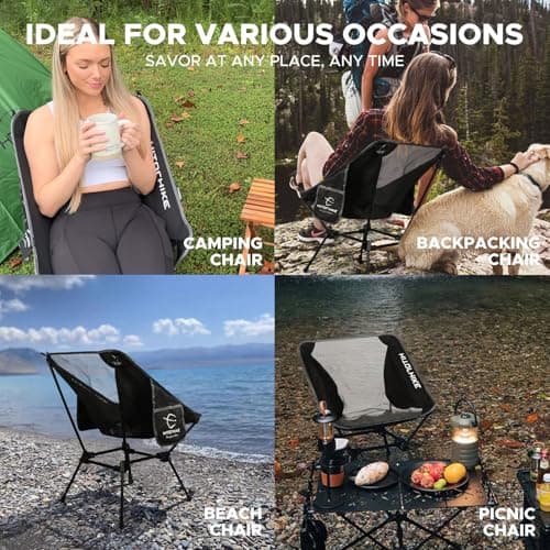 HITORHIKE Camping Chair Backpack Camping Folding Chair Breathable Mesh Structure Aluminum Frame with 2 Side Pockets Camping Chair Compact Ultralight Carrying Bag(Dark Black,1PC) 6