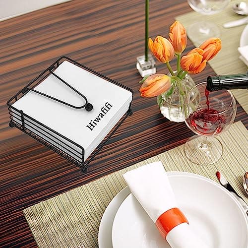 hiwafifi Napkin Holder for Table, Flat Napkin Dispenser with Weighted Arm, Square Cocktail Paper Holder of Elegant Rustic Iron for Kitchen Dining Room Decor Restaurant Farmhouse Hotel Party, Black 6